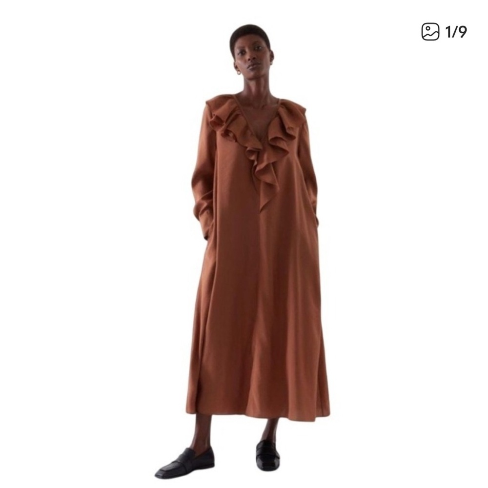 COS Ruffled V-Neck Long Sleeve Maxi Dress Brown Size 38 = US 8